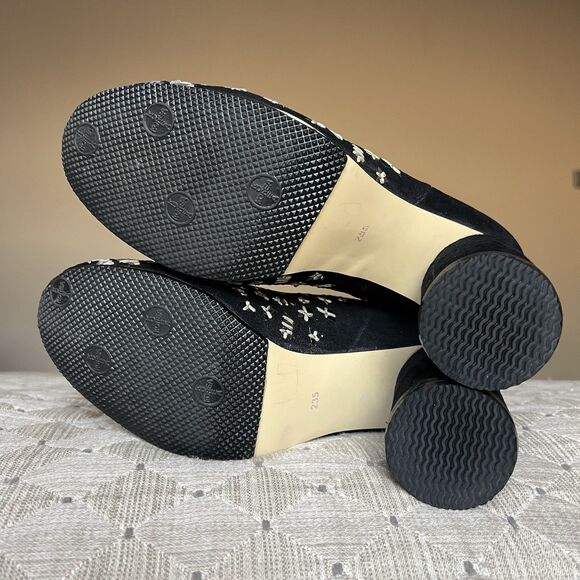 Bywin Black Suede Block Heel Ankle Booties Mirror Like Accents Women US 6.5  Zip - Picture 15 of 16